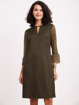 FableStreet - Round Neck Lace Dress - Olive