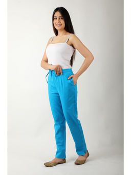 Rama's - Women Aqua Blue Cotton Regular Trousers