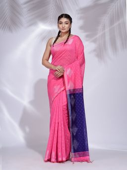 CHARUKRITI - Pink Blended Cotton Handwoven Saree with Geometric Border with Unstitched Blouse