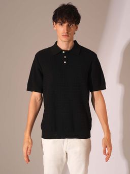 Selected - Black Organic Cotton Structure Polo T-Shirt