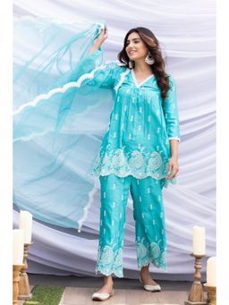 SEW - Turquoise Chikankari Short kurti with Palazzo and Dupatta (Set of 3)