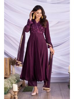 SEW - Purple Lace Embroidered Anarkali Kurta with Pant and Dupatta (Set of 3)
