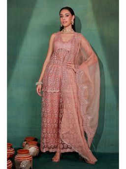 SEW - Mauve Pink Embroidered Luxe Kurti with Palazzo and Dupatta (Set of 3)
