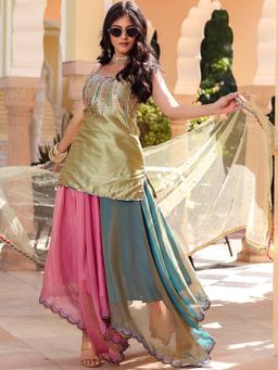 Lavanya The Label - Green Silk Kurta Skirt (Set of 3)