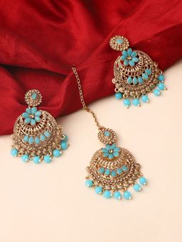 Anika's Creations - Gold Plated Floral Kundan Pearl Earring Maagtika Set Bridal Maang Tikka Earring