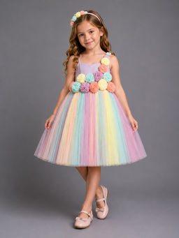 The Little Tales - Multi-coloured 3D Flower Net Dress