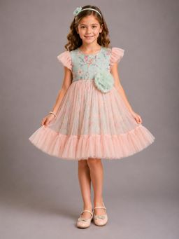 The Little Tales - Peach Bird Print Double Layered Dress