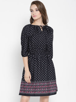 Sera - Navy Blue Geometric Print Mini Dress