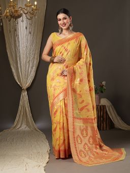 Akhilam - Womens Cotton Blend Yellow Woven Design Designer Saree with Unstitched Blouse