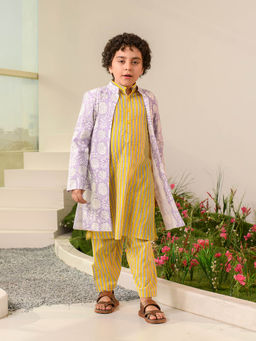 PSPeaches - Yellow Stripe Kurta Pyjama with Jacket (Set of 3)
