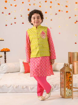 PSPeaches - Pink Foil Kurta Pyjama with Jacket (Set of 3)