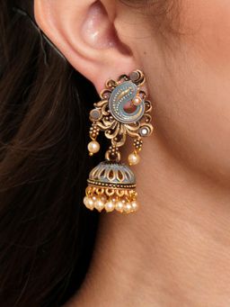 Karatcart - Antique Gold Plated Grey Stone with Meena Jhumki Earrings for Women