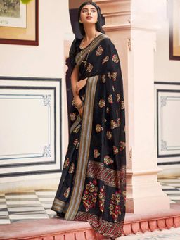 Odette - Womens Black Chanderi Printed Saree with Unstitched Blouse