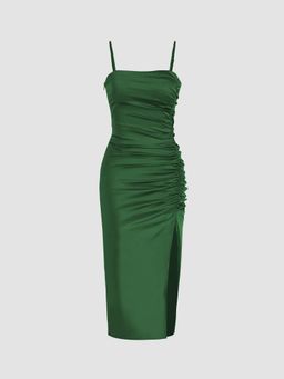 Cider - Green Solid Satin Ruched Split Midi Cami Dress