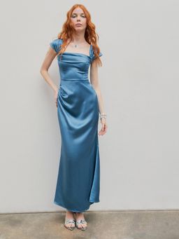 Cider - Blue Ruched Satin Maxi Dress