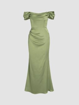 Cider - Green Ruched Off Shoulder Satin Maxi Dress