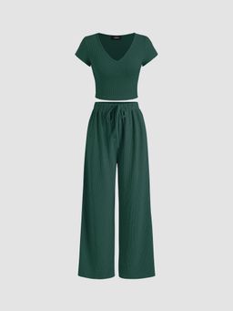 Cider - Green V Neck Short Sleeve Knotted Wide Leg Co-Ord (Set of 2)