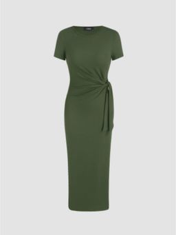 Cider - Green Round Neckline Bowknot Solid Split Midi Dress