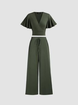 Cider - Green V Neck Solid Ruched Crop Top with Matching Pant (Set of 2)