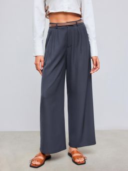 Cider - Grey Woven Mid Rise Solid Wide Leg Trouser with Belt (Set of 2)
