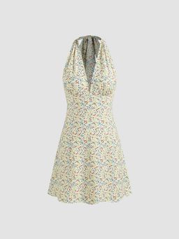 Cider - Multi-Color Halter Floral Knotted Mini Dress