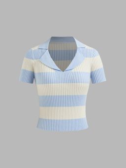 Cider - Blue Knit Polo Stripes Short Sleeve Top
