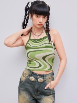 Cider - Green Halter Abstract Knitted Crop Top