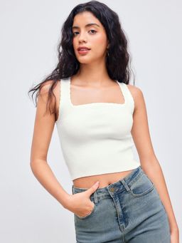 Cider - Ivory Knitted Square Neck Solid Crop Top