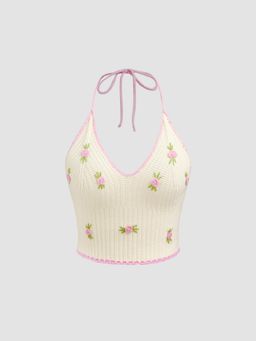 Cider - Ivory Knitted Rosette Contrasting Binding Crop Top