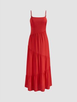 Cider - Red Sleeveless Tiered Solid Maxi Dress
