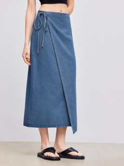 Cider - Blue Denim Mid Rise Solid Knotted Midi Skirt