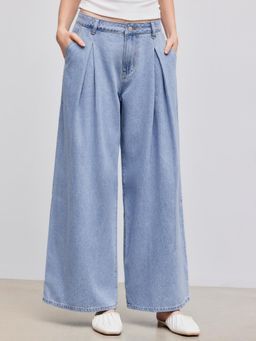 Cider - Denim Mid Rise Solid Wide Leg Jeans