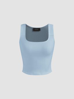 Cider - Baby Blue Cotton Blend Rib Square Neck Solid Tank Crop Top