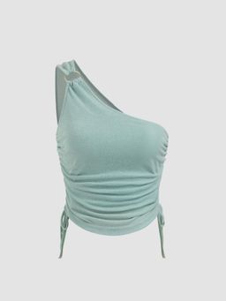 Cider - Green Asymmetrical Neck Solid O Ring Ruched Drawstring Knotted Crop Top