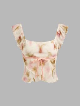Cider - Square Neckline Floral Lettuce Trim Knotted Short Sleeve Top