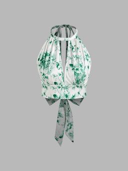 Cider - Green Halter Floral Knotted Crop Top