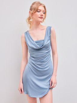 Cider - Blue Cowl Neck Floral Ruched Midi Dress