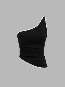 Cider - Black Asymmetrical Neck Contrasting Binding Ruched Top
