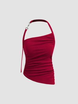 Cider - Wine Halter Solid Asymmetrical Hem Ruched Top