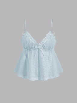Cider - Blue Textured Bowknot Texture Ruffle Crop Top