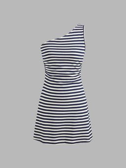 Cider - Blue Asymmetrical Neck Stripes Mini Dress
