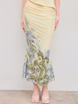 Cider - Beige Mesh Mid Rise Floral Mermaid Maxi Skirt