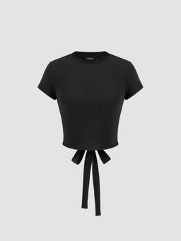 Cider - Black Cotton Round Neckline Solid Knotted Short Sleeve Top