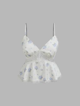 Cider - Blue Satin Floral Lace Trim Crop Top