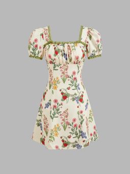 Cider - Square Neck Floral Contrasting Binding Puff Sleeve Mini Dress