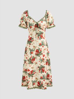 Cider - Square Neck Strawberry Graphic Contrasting Lace Trim Midi Dress