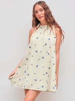 Cider - Round Neckline Shell & Star Embroidery Knotted Mini Dress
