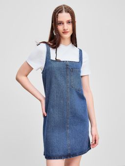 Cider - Dark Navy Denim Solid Pocket Oversized Mini Dress