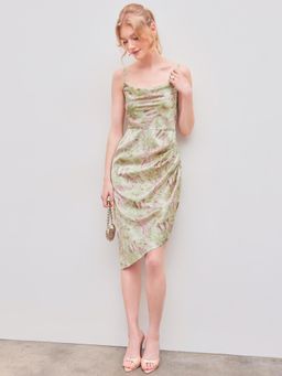 Cider - Green Satin Floral Ruched Cami Midi Dress