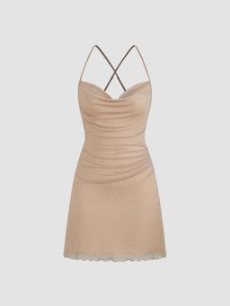 Cider - Champagne Mesh Cowl Neck Solid Sequin Mini Dress